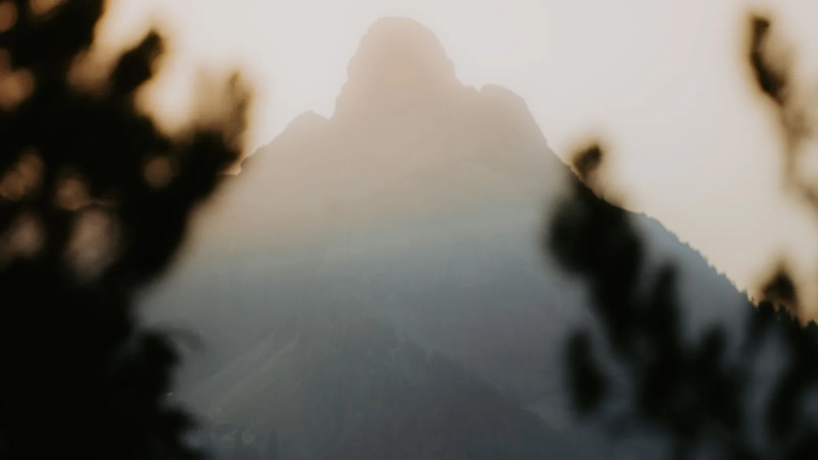 La cima de una montaña recortada entre la niebla al amanecer