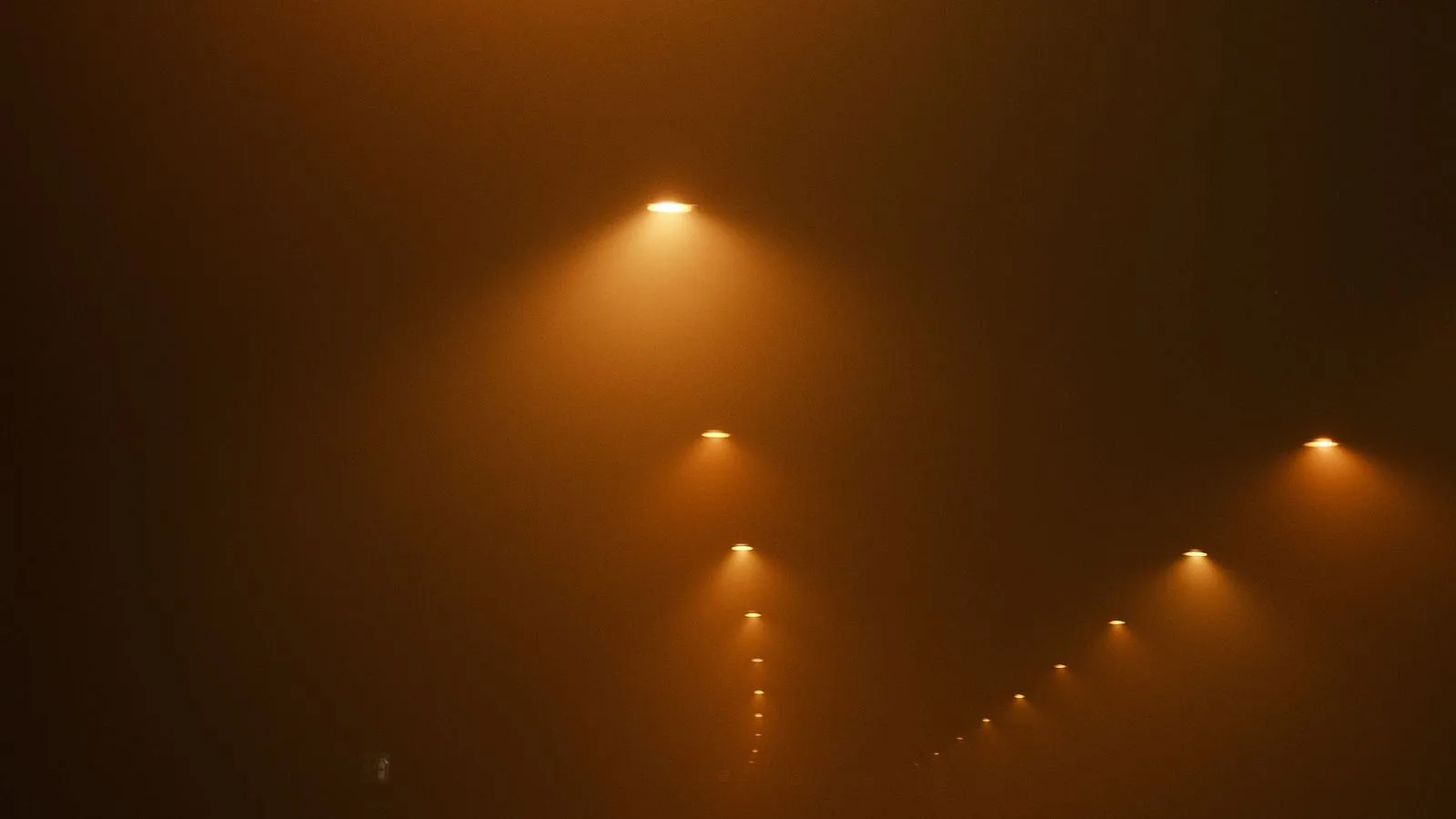 Una carretera vacía de noche, con niebla y faroles encendidos