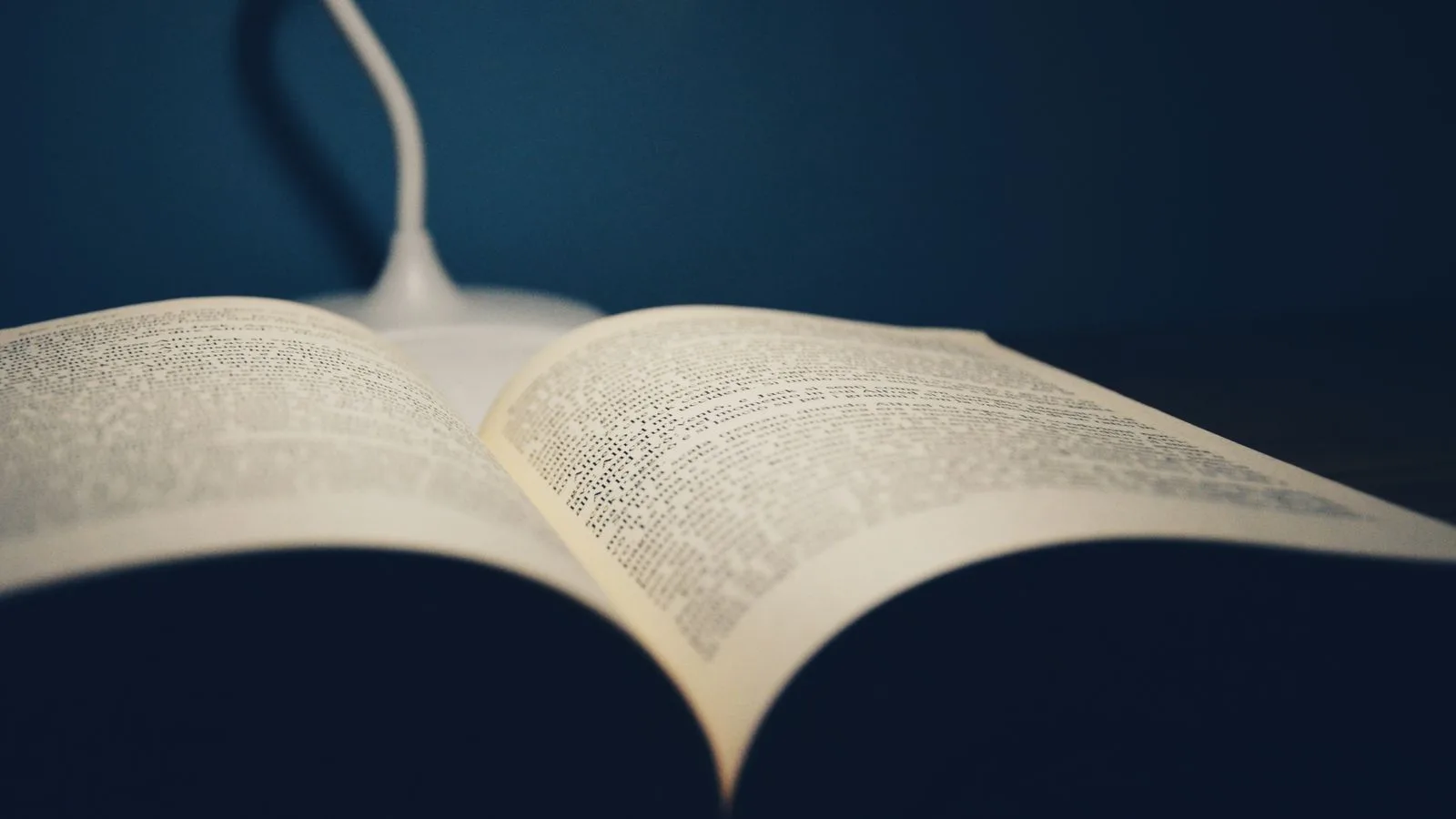Un libro abierto por la mitad, iluminado sobre fondo azul oscuro