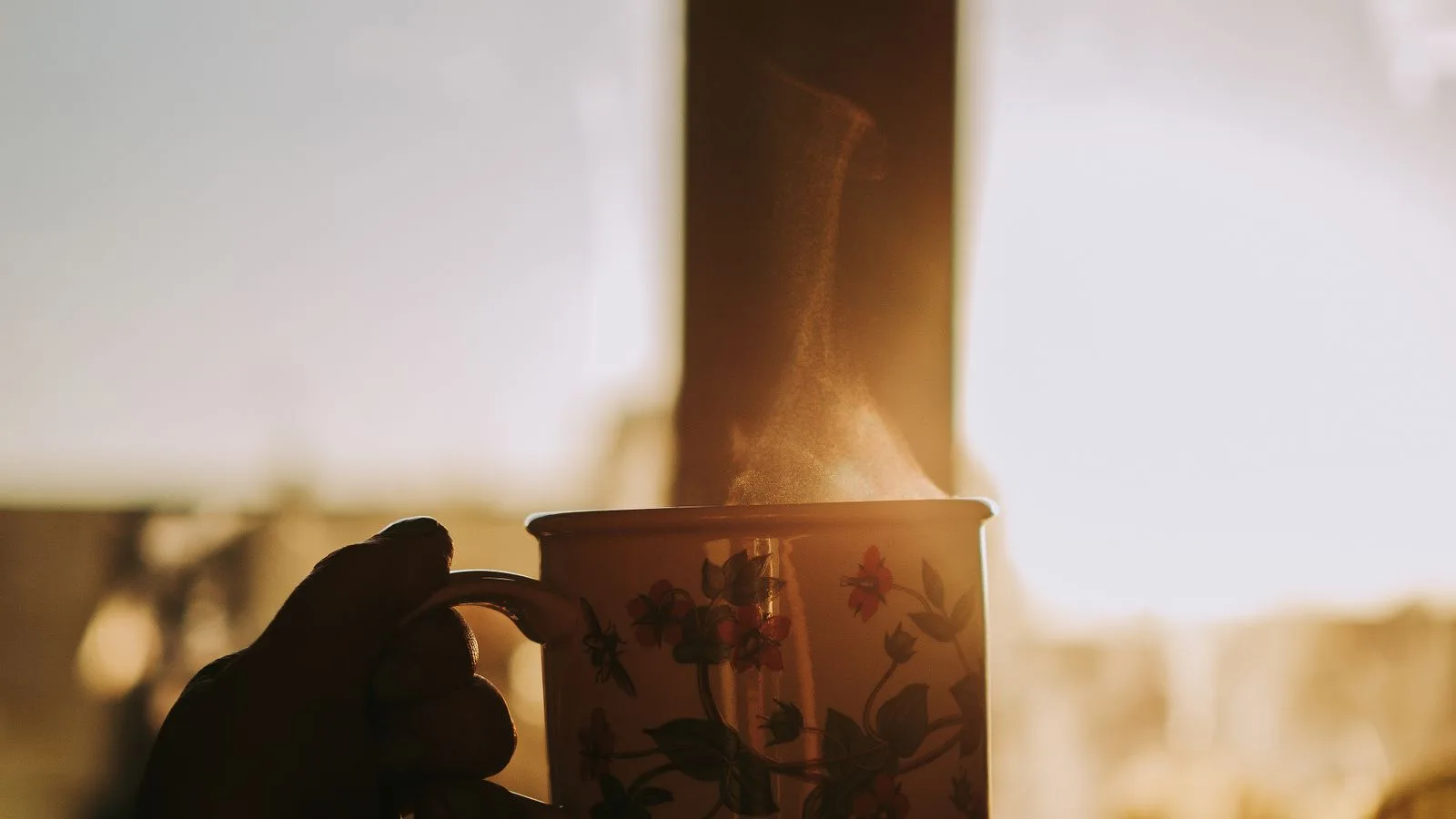 Una mano sostiene una taza humeante contra la luz del amanecer en la ventana